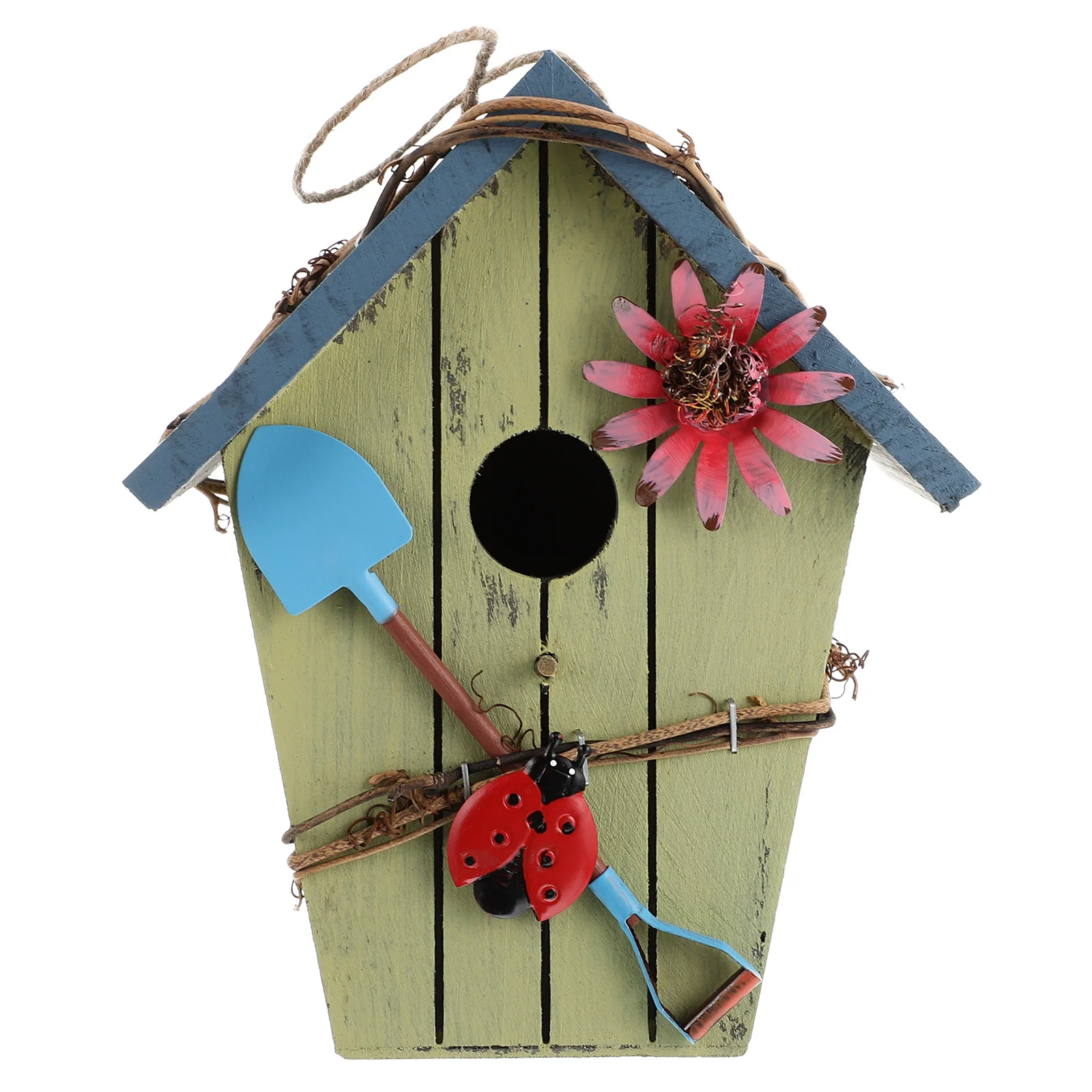 

Blue Roof Wooden Bird House Natural Material Creative Garden Bird Decorative Nest Garden Birds Shelter