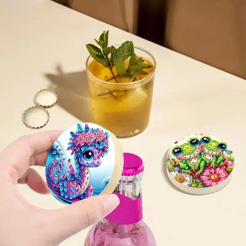 فتاحة بيرة خشبية مطلية بالألماس 5D مع تصميم مبهر على طراز الحياة البحرية، أداة يدوية الصنع مصنوعة يدويًا من الماس