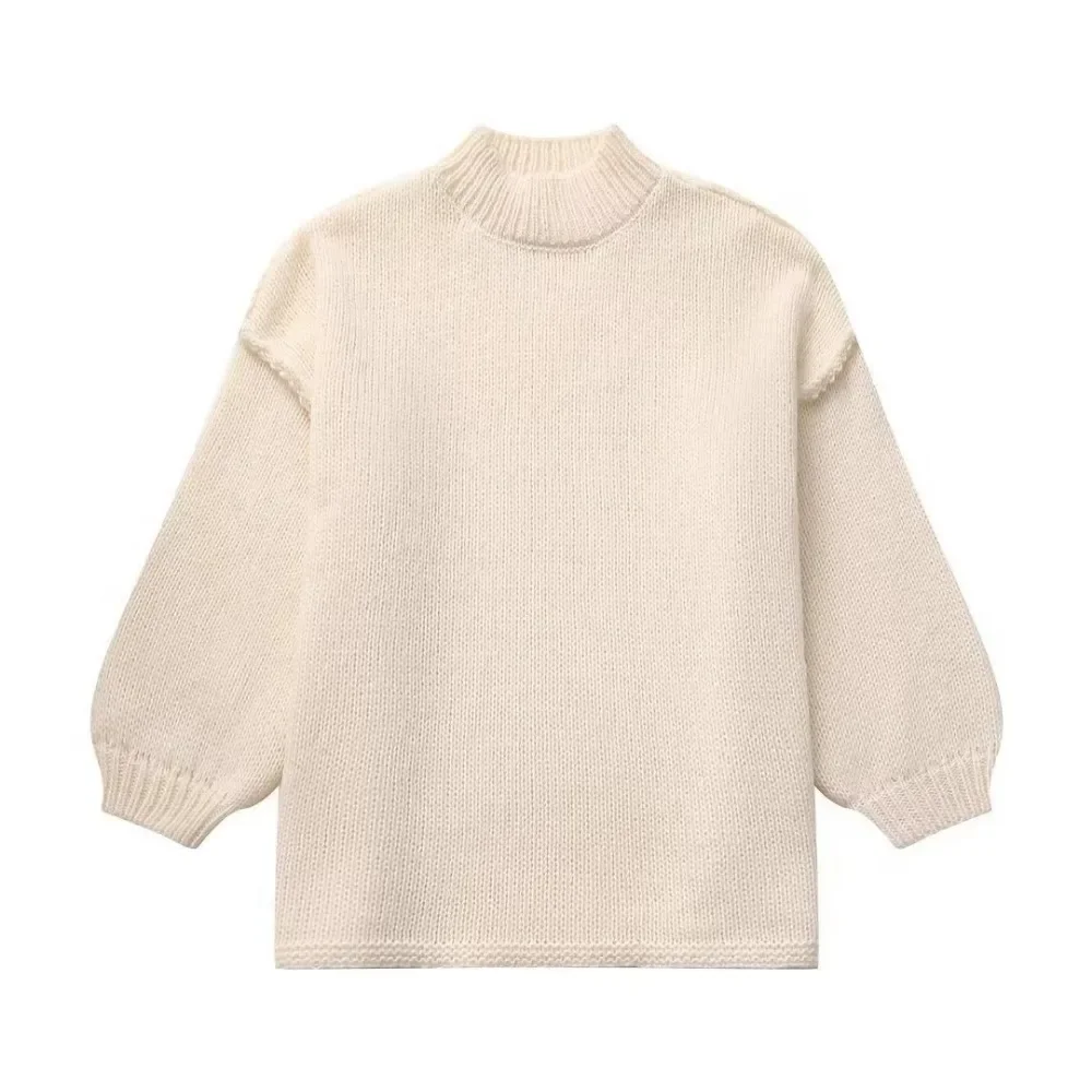 2024 Autumn Elegant Sweater Women Loose Long Lantern Sleeve O-neck Female Knitted Pullover Thick Casual Street Lady Top