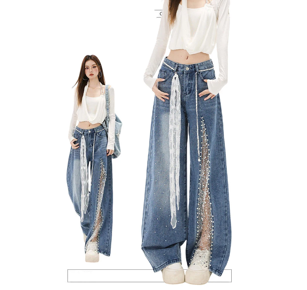 

American Style Retro Rhinestone Jeans For Women New Spring High Waisted Straight Leg Wide Leg Pants Fashionable Mesh Denim Pants