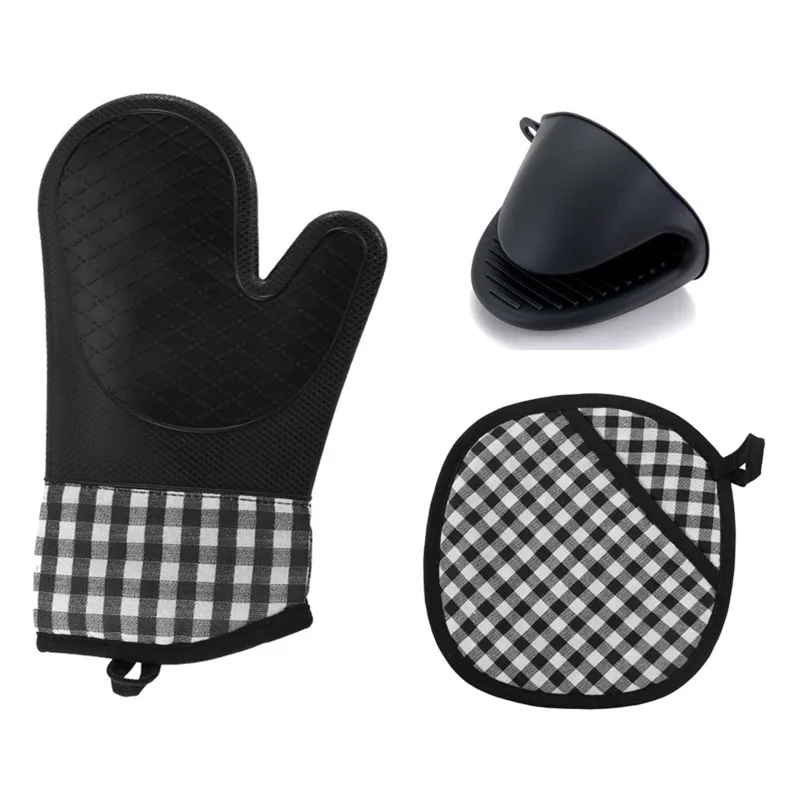 Silicone Heat-Resistant Gloves and Pad Anti-scalding Gloves with Hand Clamp Non-slip Gloves Kitchen Oven Microwave Cooking Tools