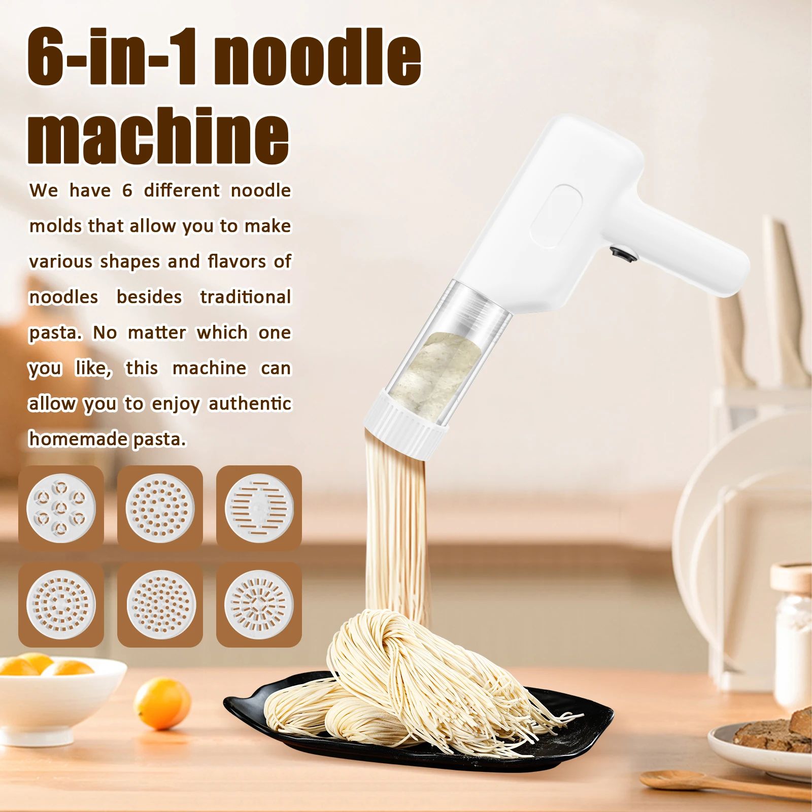 6 in 1 Wireless Electric Pasta Noodle Maker Handheld Automatic Pasta Maker for Handmade Spaghetti Ramen Kitchen Gadget Press