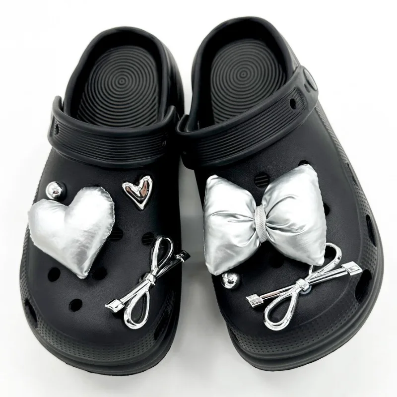 7PCS Fashion Shoe Charms Set Accessories Hole Shoe Buckle Silver Bow DIY 3D Shoes Decorations