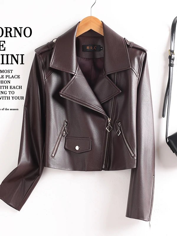   Giacca da Motociclista in Vera Pelle Ning per Donna, Vestibilità Slim, Autunno 2025, Cappotto in Pelle di Pecora con Chiusura a Cerniera