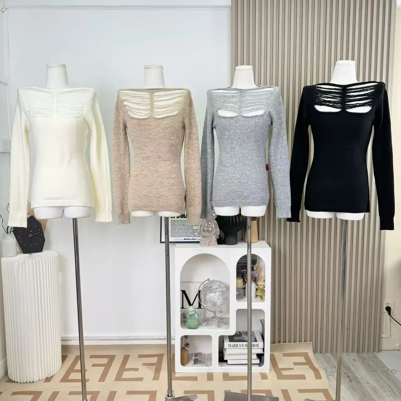 

Women's Autumn Winter Ripped Hollow Out O Neck Long Sleeve Slim Sweater Lady Solid Color Pullover Casual Jumper Top