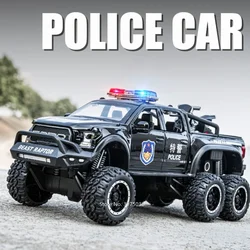 1:28 Raptor 6X6 F-150 Alloy Off Road Police Cars Toy Model Diecast Doors Opened Sound Light Pull Back Vehices Gifts for Children