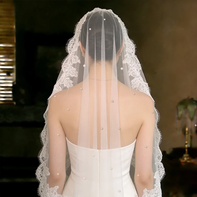 Pearls Decors Bridal Veils with Single Layer Sheer Tulle Headpiece Lace Embroidery Flower Trim Veils for Church Wedding and 6XDA