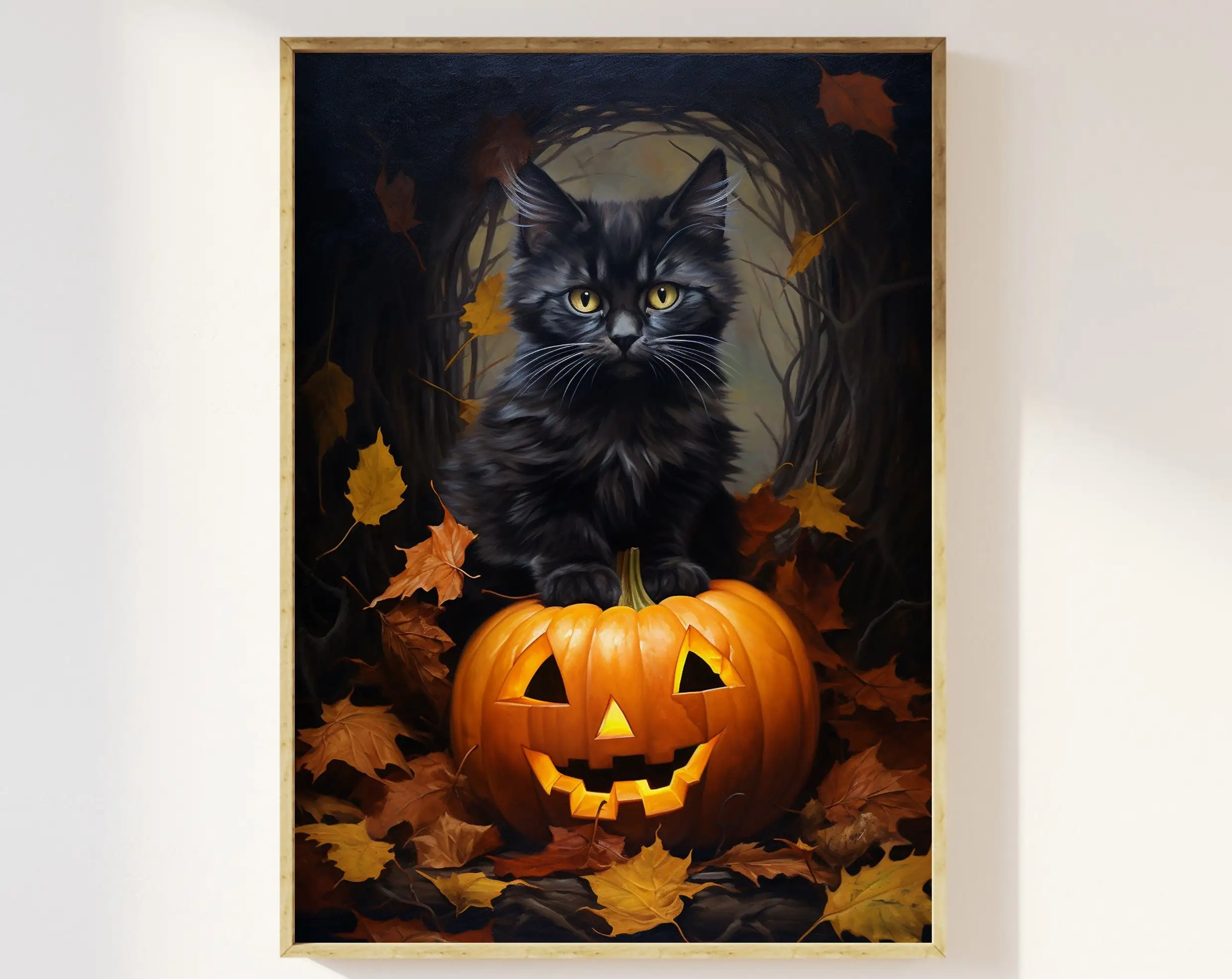 Beautiful Witch Magical Black Cat Pumpkin Full Moon Poster Print Wall Art Pictures Canvas Painting Living Room Home Decor Gift