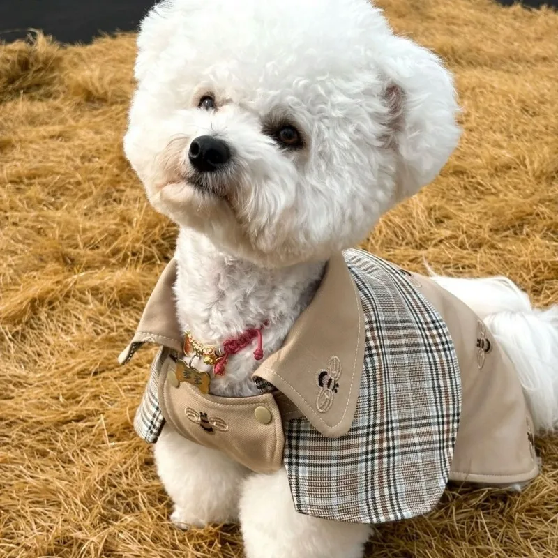 

Pet Clothes Retro Detective Style All Seasons with British Tie and Checkered Cape for Small-sized Dogs Brown Polyester Pet Coats