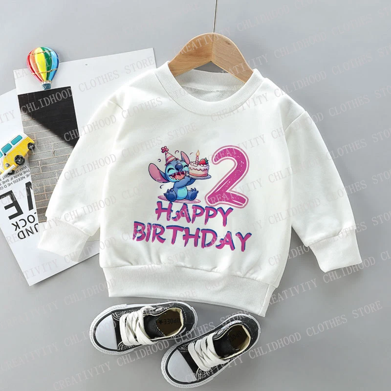 Stitch Children Sweatshirts Birthday Number 123456789 10 11 12 13 14 Pullover Cartoons Casual Clothes for Girl Boys Kid Tops