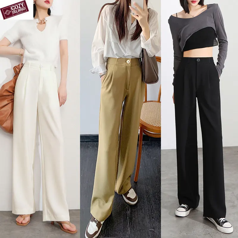 

Tailored Pants Summer Wide Leg Trousers Women High-waist Thin Anti-wrinkle Narrow Version Khaki Drape Straight-leg White Bottom