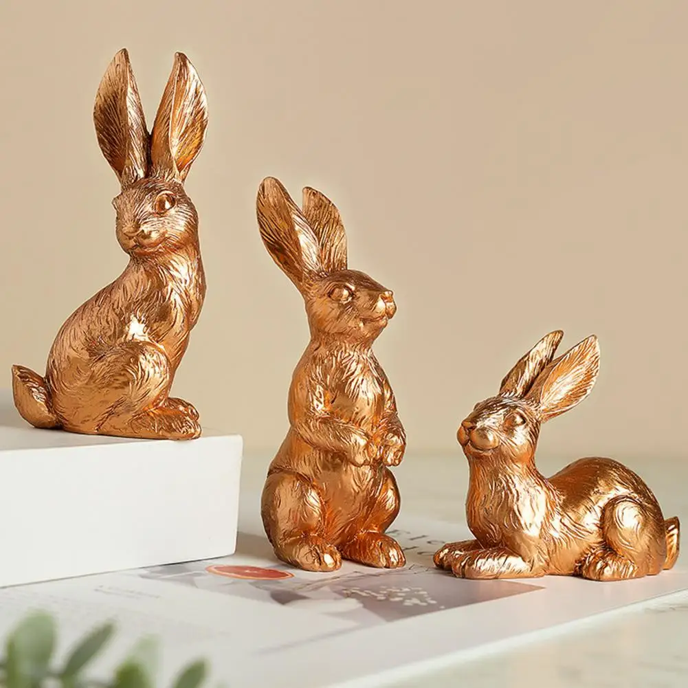 Durable Bunny Sculpture 3 Pcs Easter Bunny Figurine Set Cute Resin Rabbit Statues Spring Farmhouse Tiered Tray Decor Flocking