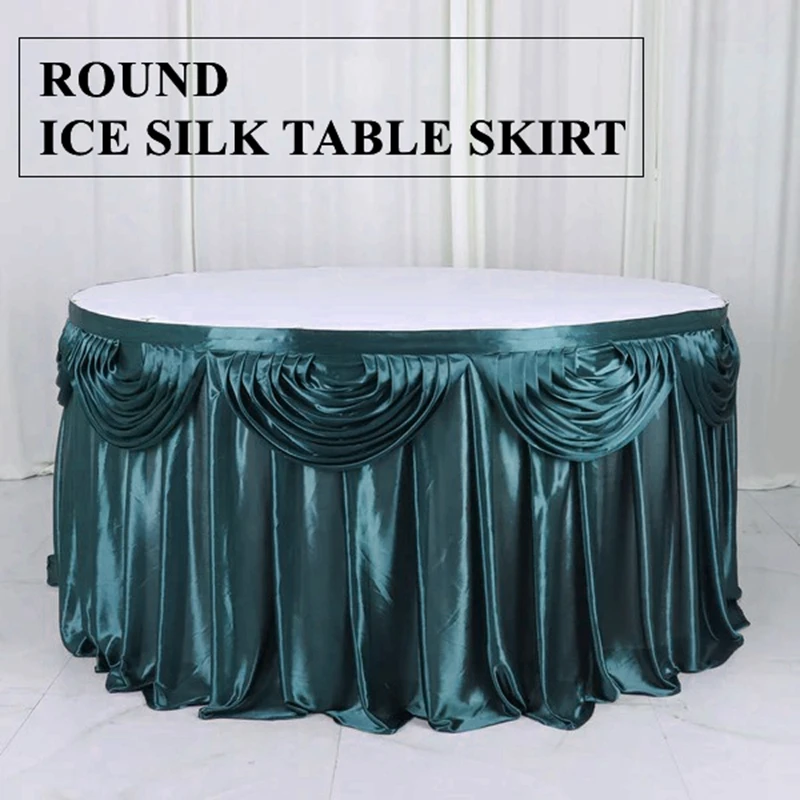 New Ruffled Ice Silk Table Skirt Include Top Swag Drapery Round Tablecloth Skirting Event Party Wedding Banquet Decoration