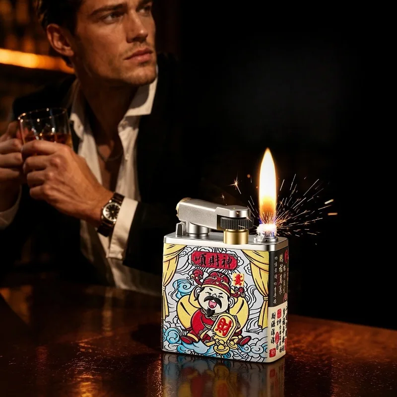 Creative Four sided Relief 3D Color Printing Kerosine Lighter Metal Retro Fashion Trend Grinding Wheel Ignition Lighters Smoking