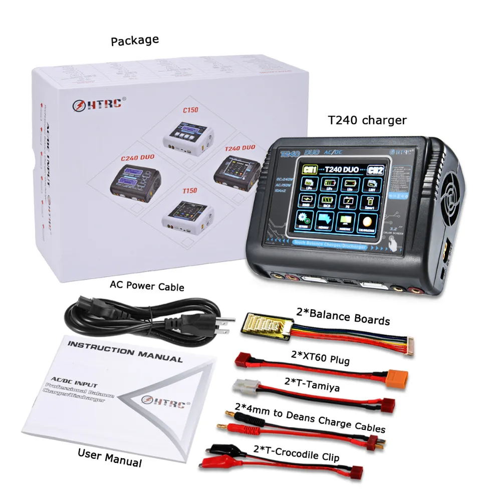 เครื่องชาร์จแบตเตอรี่ HTRC T240 DUO RC ไฟฟ้า 150W AC & 240W DC 10A หน้าจอสัมผัส ช่องชาร์จคู่ พร้อมฟังก์ชั่นดิสชาร์จ สำหรับแบตเตอรี่ RC Lipo
