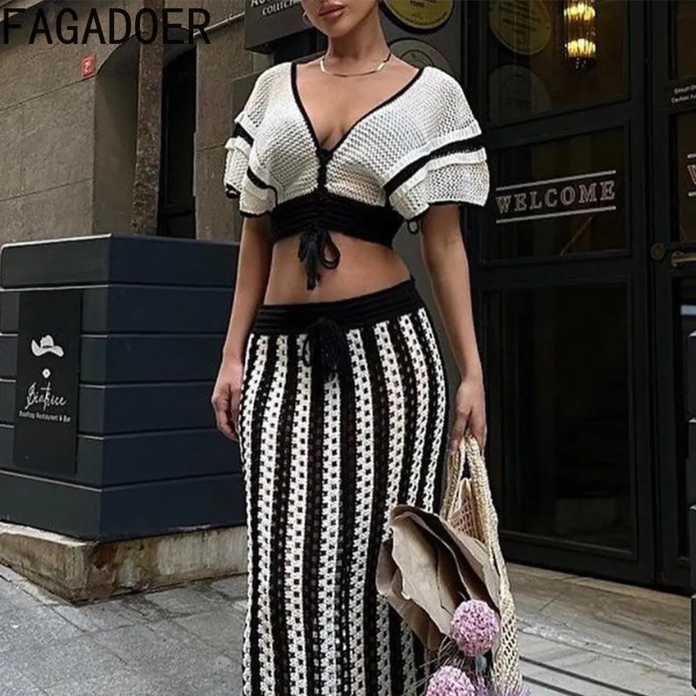 FAGADOER Fashion Streetwear Women Striped Knitting Lace Up V Neck Short Sleeve Crop Top+Skirts Two Piece Set Female 2pcs Outfits