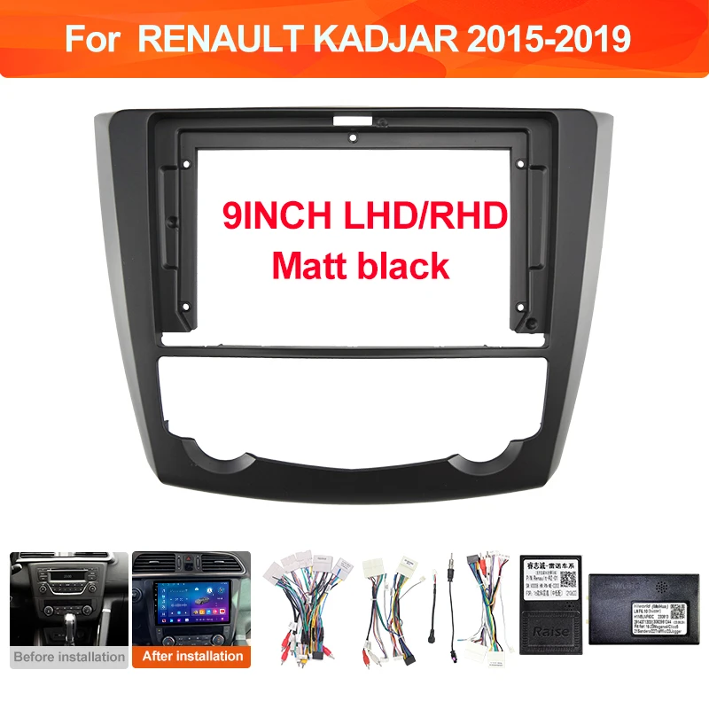 Cadre ascia de voiture 9 pouces pour RENAULT KADJAR 2015 – 2019, Kit de tableau de bord de Navigation Android, lecteur stéréo, faisceau de câbles 16 broches, canbus d'alimentation