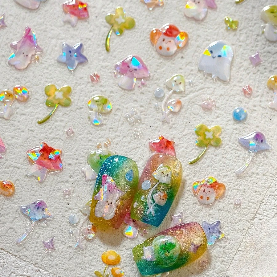 

Cute Mushroom Clover Dewdrop Shiny Star Colored Plant Footprints Droplet Succulents Adhesive Nail Art Stickers Manicure Decals