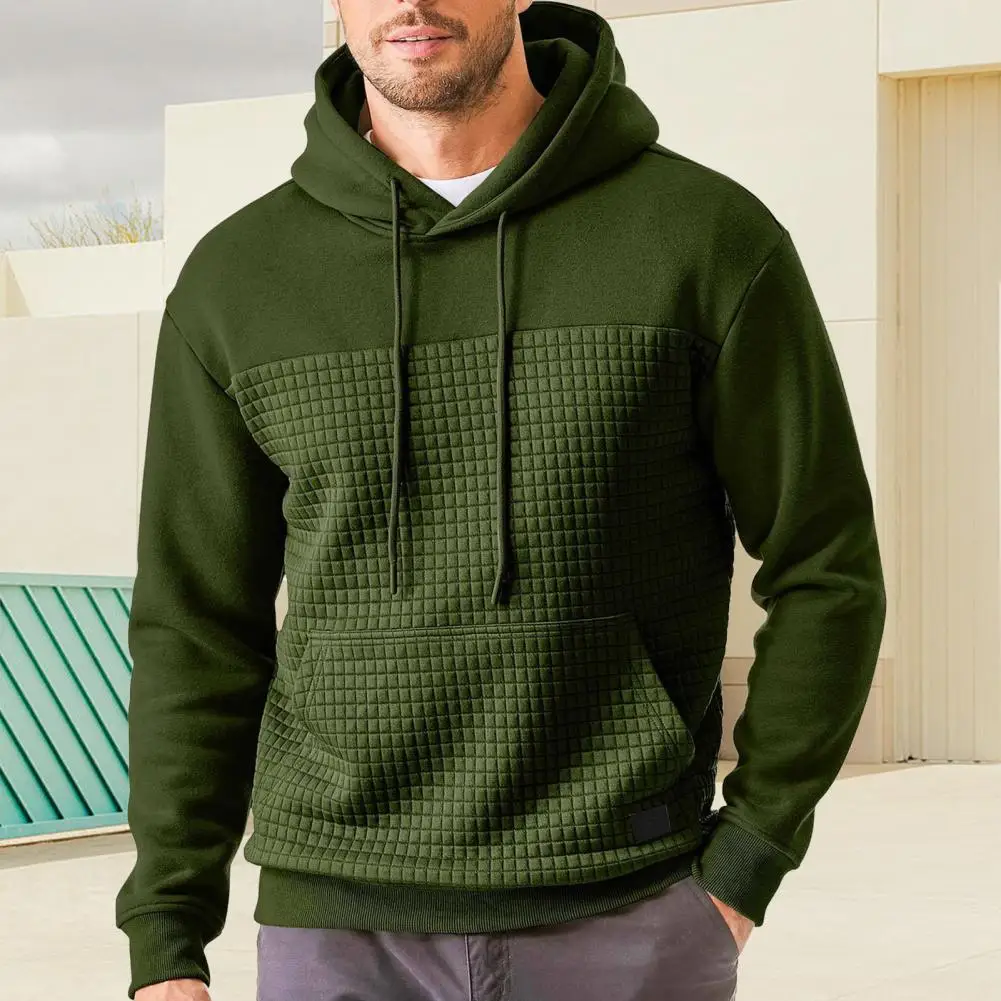 Hooded Top Fall Men Hoodie Waffle Texture Hoodie with Drawstring Long Sleeves Contrast Color Sporty Top for Fall Winter