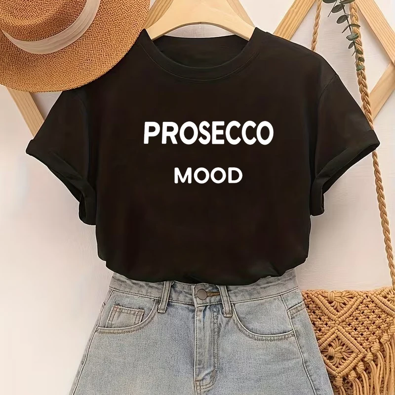 Women's Casual Prosecco Mood Print Tops 90s T Shirt for Woman Summer Crew Neck Short Sleeve T-Shirt with Letter Print Clothes