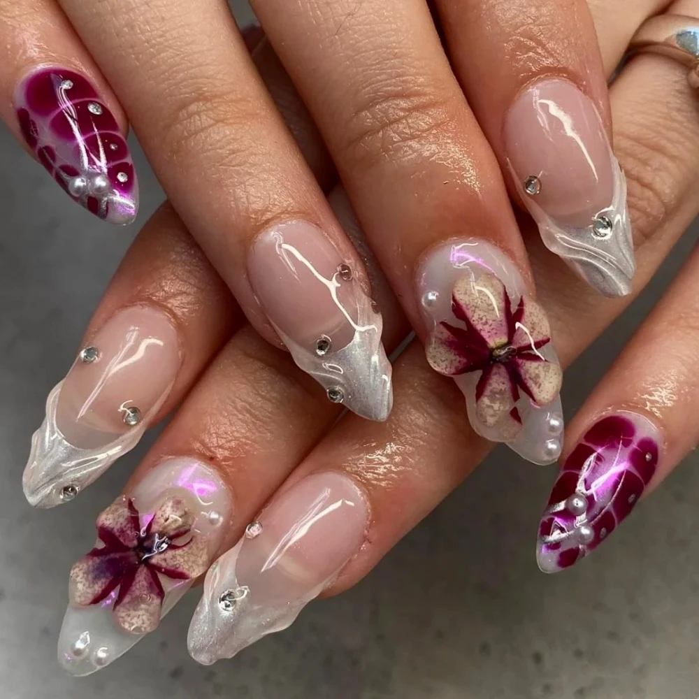 10 Stuks Handgemaakte Manicure Medium Amandel Nep Nagels Schattige 3d Gelimiteerde Nagels Druk Op Nagels Shell Ontwerp Met Zelfklevende Nagelvijl Set