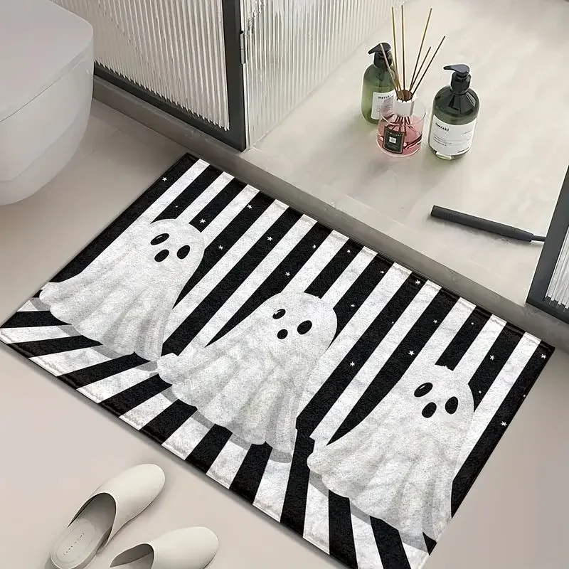 VIKAMA Striped Halloween Ghost Bathroom Doormat, Non-Slip, Absorbent Indoor/Outdoor Entryway Mat, Halloween Home Decor Rug