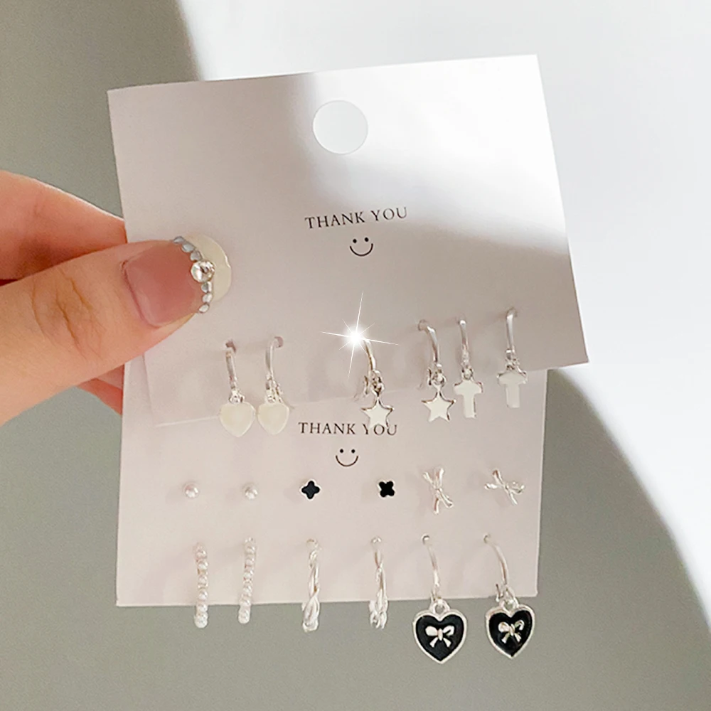 KINFOLK Cute Black Heart Bow Earrings Set For Women Girls Silver Color Star Cross Hoop Earrings Fashion Jewelry Party Gifts 2022