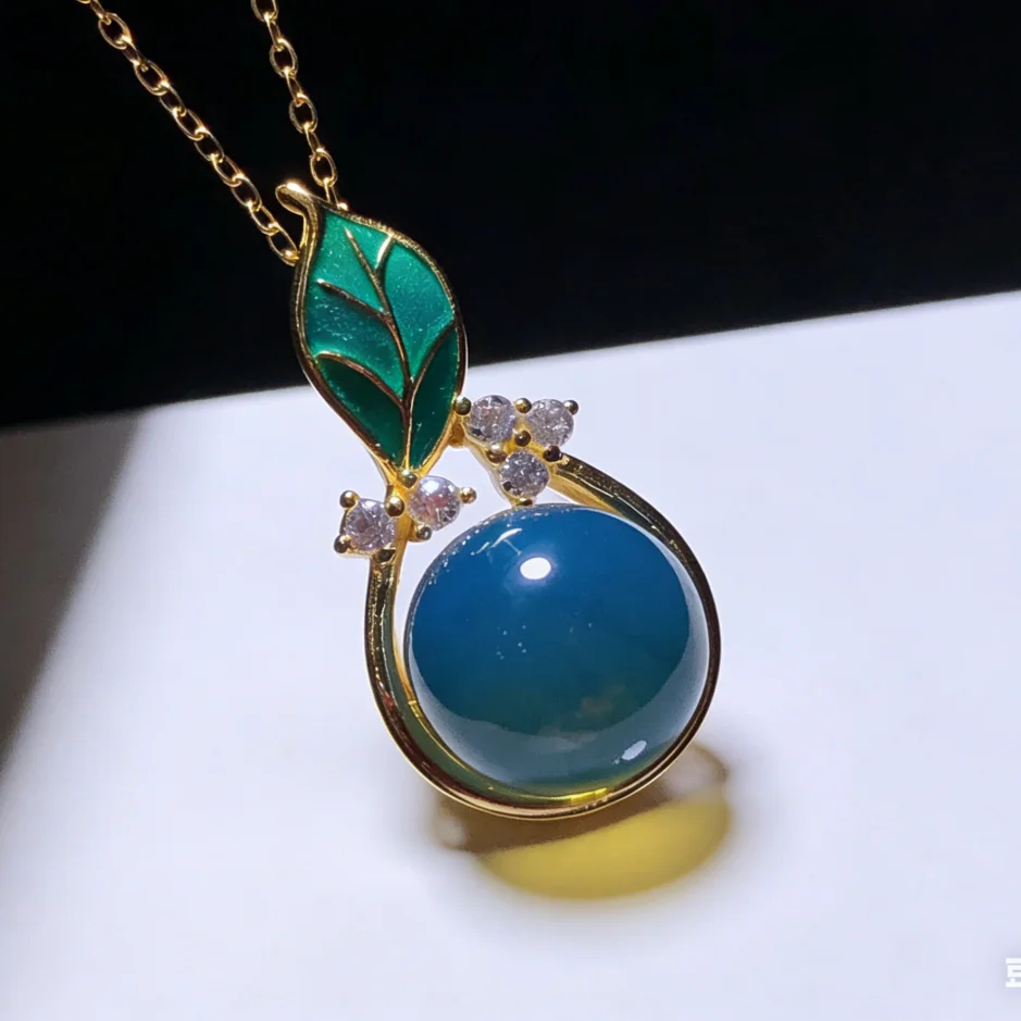 Natural Mexican Blue Amber 11mm round Leaf Pendant with Green Enamel Art Nouveau Style Sterling Silver Jewelry