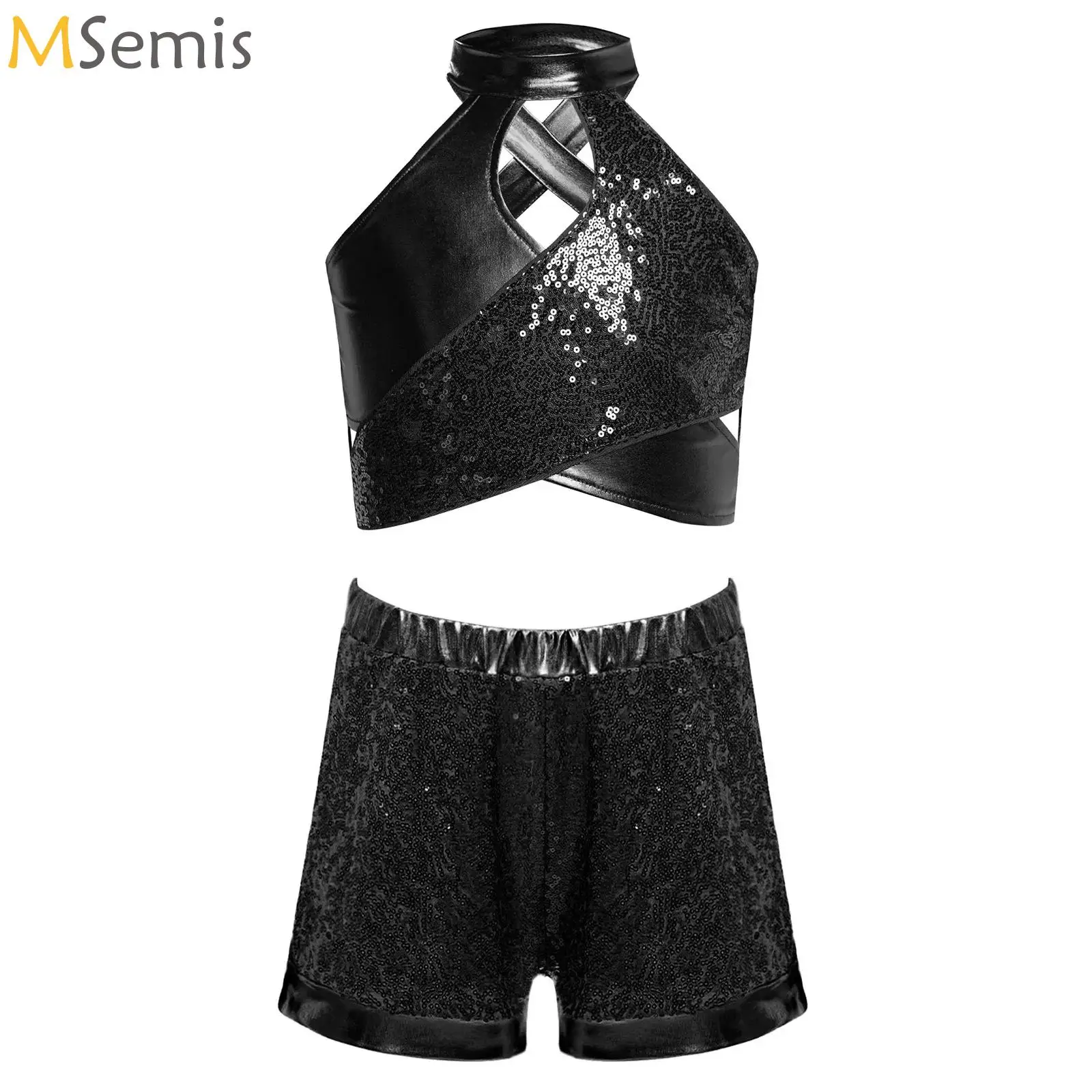 

Kids Girls Shiny Sequin Hip Hop Jazz Cheerleading Ballet Dance Performance Costume Metallic Crop Top with Shorts Dancewear