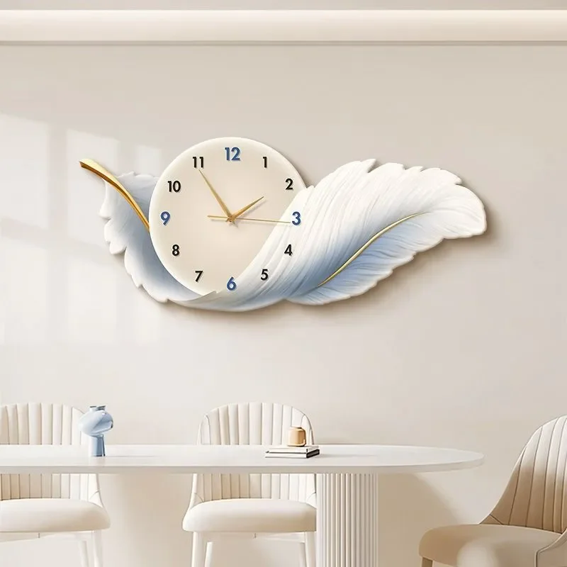 Home Watches, Wall Clocks,New Dining Room Decoration Painting Light Luxury Feather Clock High-end Sense Living Room Silent Wall