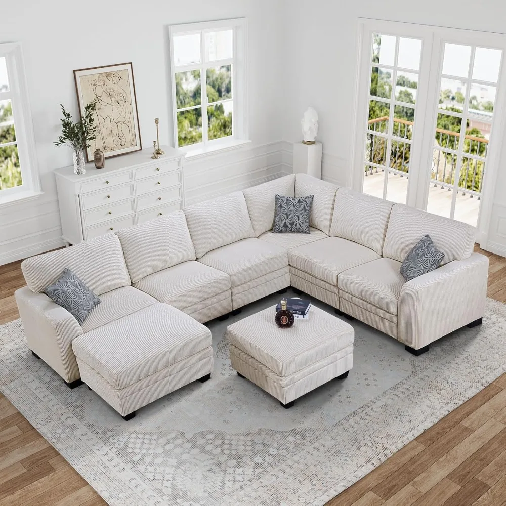 

L Sectional Sofa, Corduroy Sectional Couches with Ottoman for Living Room/Apartment (Cream, U-8)