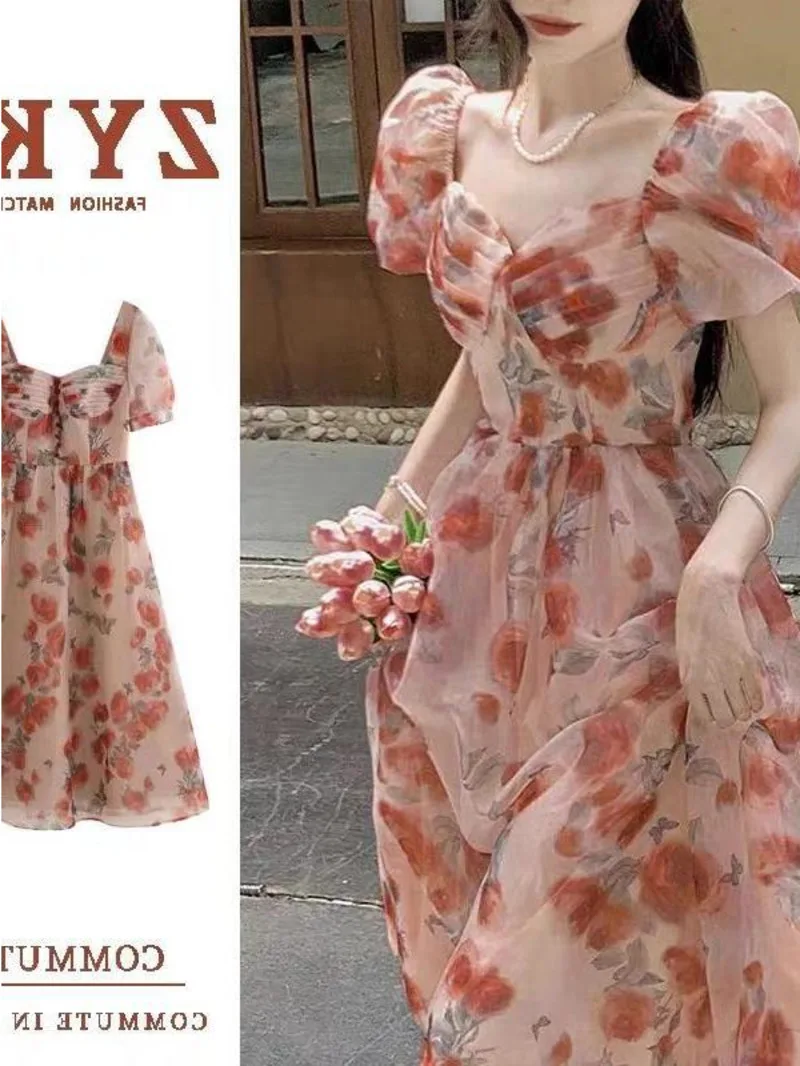 Exquisite and Super Fairy Tea Break French Style Square Neck Waist Wrapped Fragmented Flower Dress Princess Dress Summer 9YWV