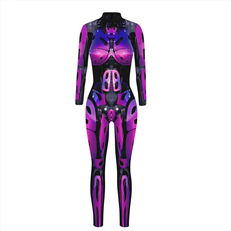 3D Digital Print Jumpsuit Robot Punk Armor Zentai Cosplay Costume Women\'s Cyberpunk Zipper Bodysuit Halloween Party