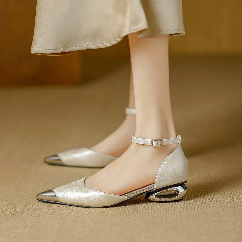 Women Pointed Toe Ankle Strap Pumps Sculptural Low Heel Metal Toe Cap Elegant Party Wedding Dress Shoes for Women