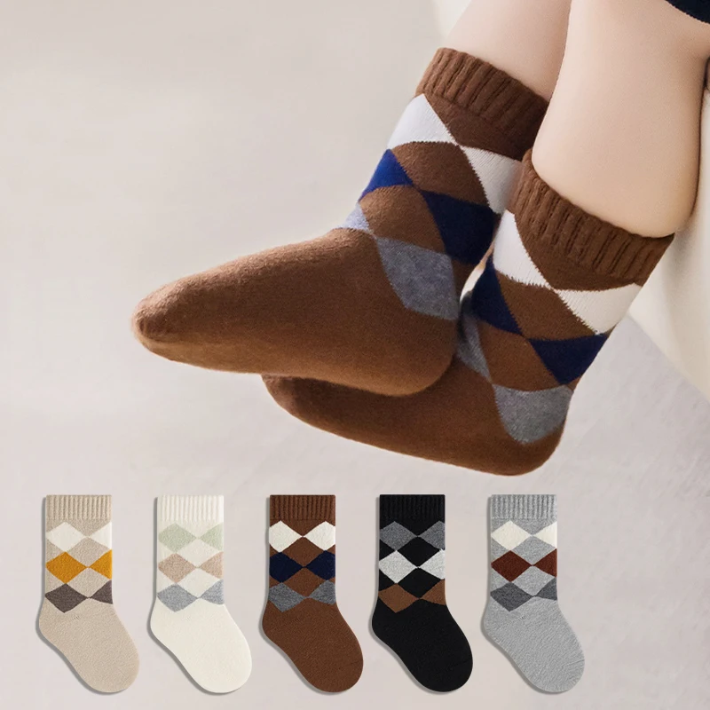 Winter Warm Baby Socks Classic Geometric Plaid Newborn Socks Knitted Comfort Mid-calf Infant Socks for Toddler Boys Girls