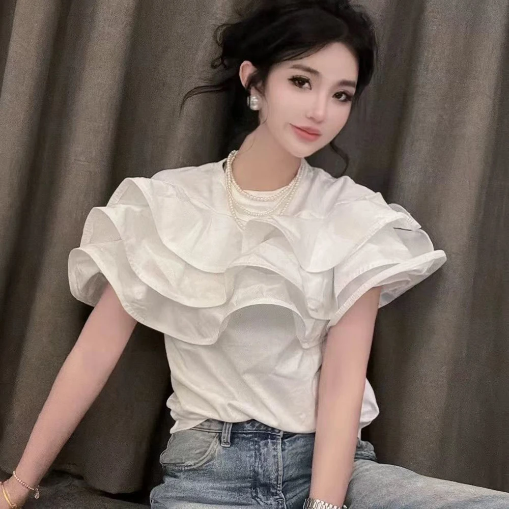 Fashion Ruffles Patchwork Short Sleeve T-Shirt 2024 Summer Simple Casual Round Neck Tops Ladies Elegant Slim White Black Tees