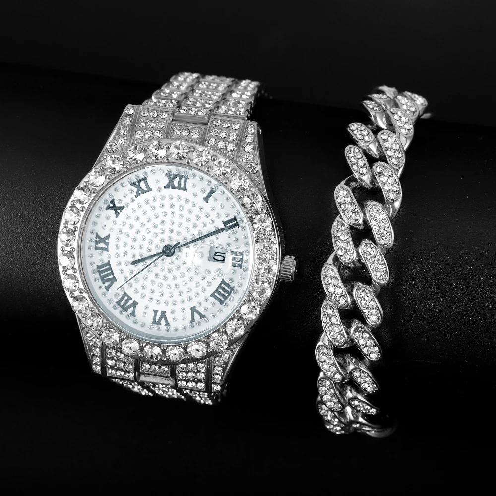 2pcs Watch& Bracelet Combo Iced Out Cuban Link Miami Chain Bracelet Micro Paved Cystal Luxury Jewelry Sets For Men Women