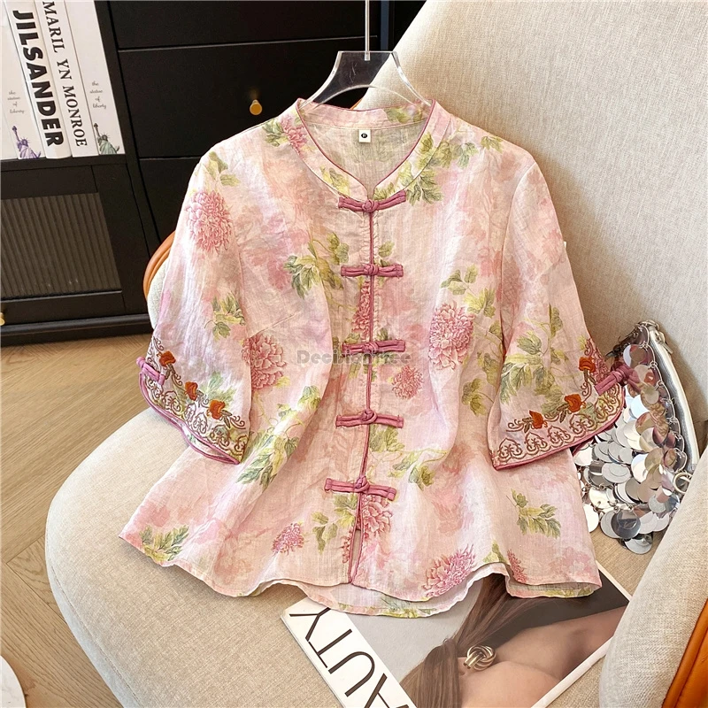 

2025 chinese style retro printed tang suit shirt for women loose embroidered cotton linen stand collar cheongsam button top t001