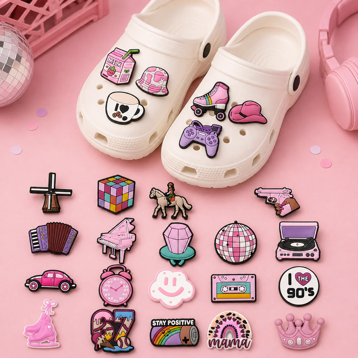 1/25PCS Retro Pink Shoe Charms DIY Decorative Pins for Clogs Accessories 90s Style Detachable Buckles Pack Music Game Shoe Gift