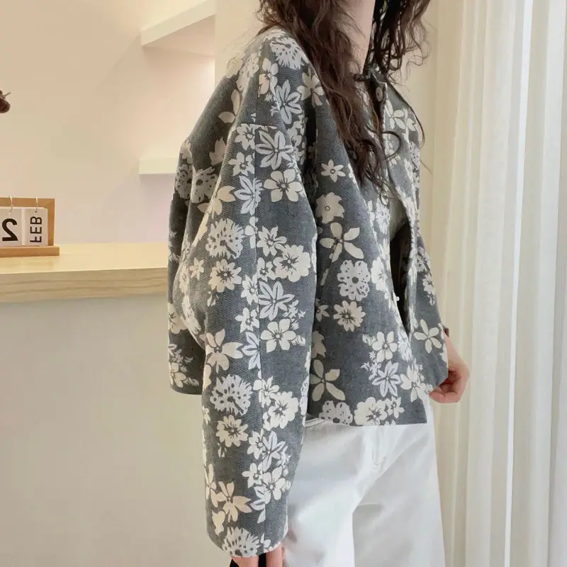 Early Spring New Loose Korean Floral Printed Jacket For Women Round Neck Short Jacket Top