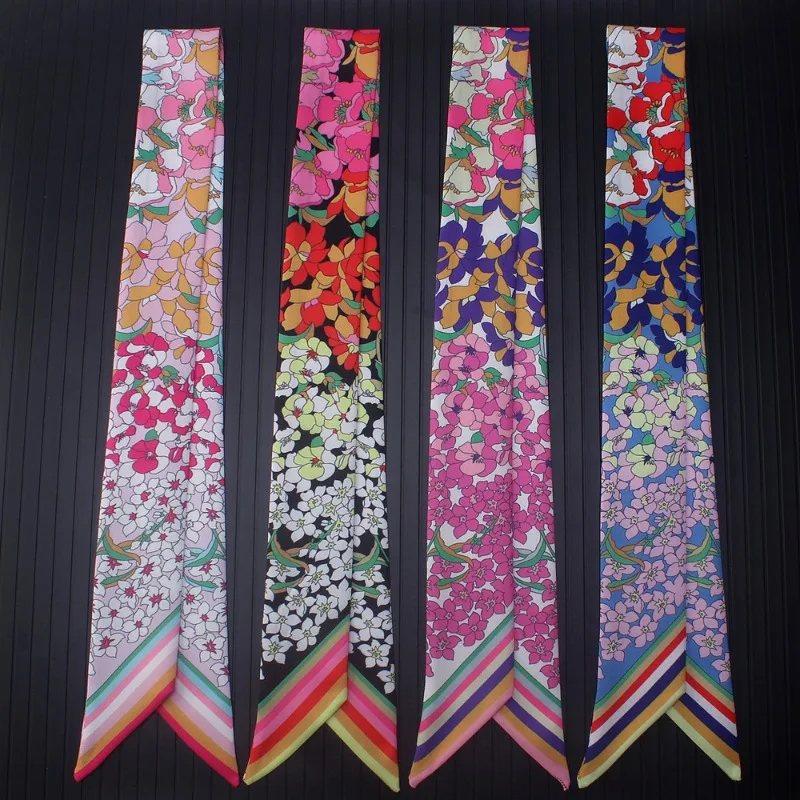 Small Floral Wrap Silk Scarf Variable Stripes Imitated Silk Printed Silk Scarf Women's Small Ribbon Headband Ribbon Scarf