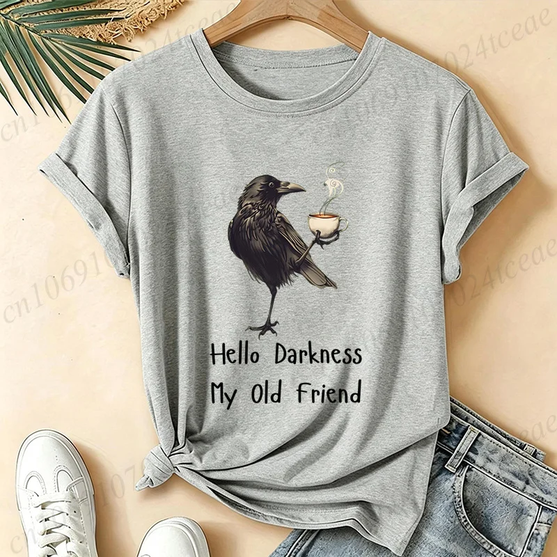 Women Hello Darkness My Old Friend Crow Coffee Graphic T Shirt Vintage Tee Gothic Raven Print Short Sleeve Casual Streetwear Top