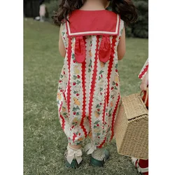 Girls' Sleeveless Jumpsuit 2024 Summer New Baby Cute Rabbit Print Jumpsuit Baby Kids Pants Cartoon Stripes Rompers