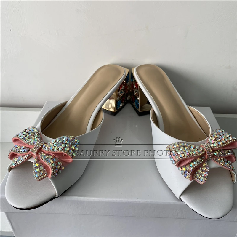 Crystal Jeweled Butterfly-Knot Sandals Women Colorful Rhinestone Diamond Square Heel Luxury Satin Slingbacks Mules Summer