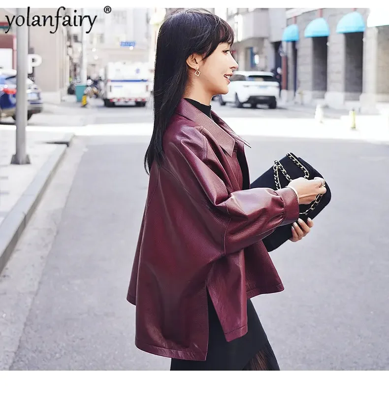 YOLANFAIRY الراقية ملابس جلدية حقيقية النساء فضفاضة مقاسات كبيرة طبقة علوية معطف جلد الغنم المرأة سترة جلدية حقيقية FCY #5