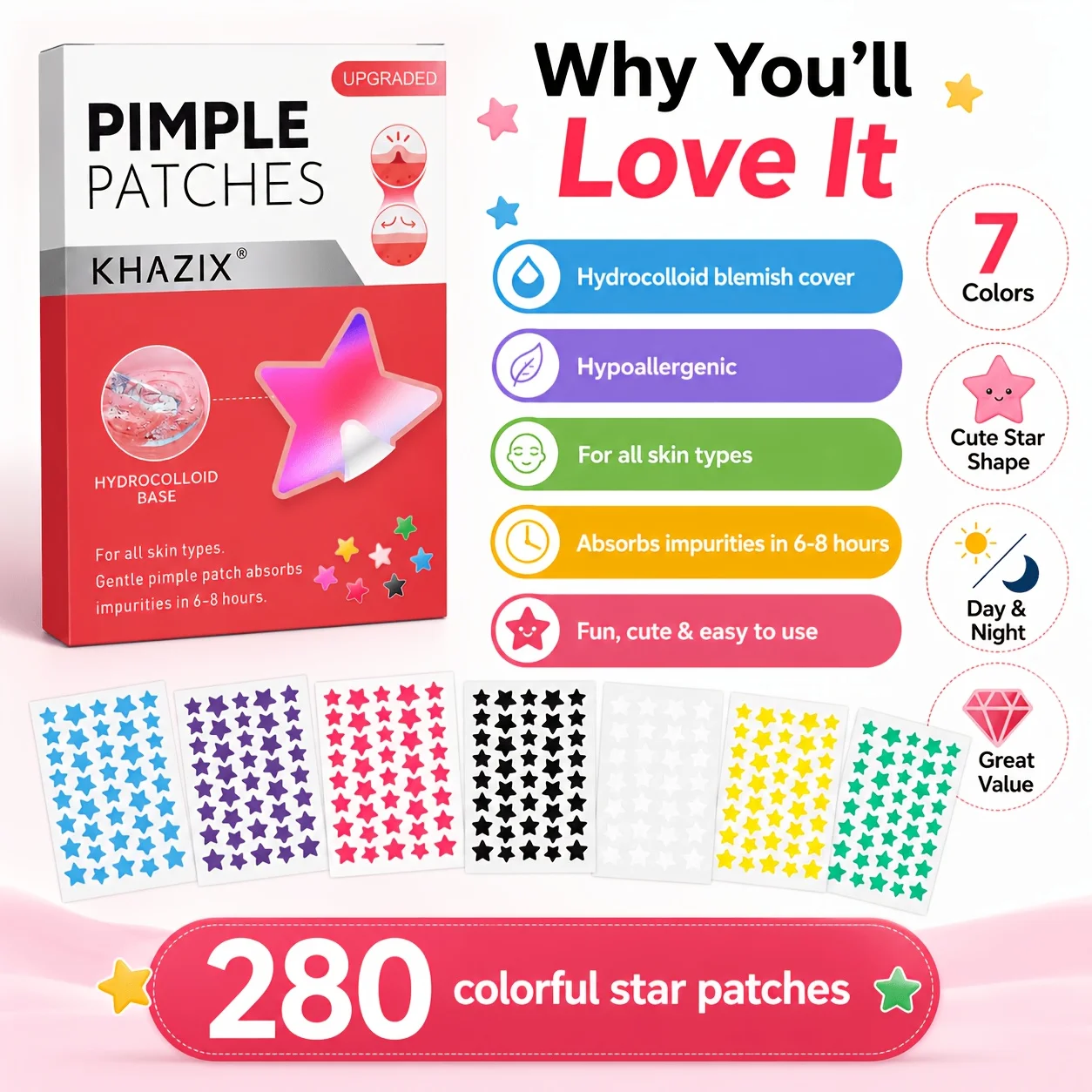 280pcs Star Pimple Patches, 7 Colors Hydrocolloid Acne Spot Stickers, Cute Waterproof Blemish Cover Patches for Face, Day & Nigh view 2