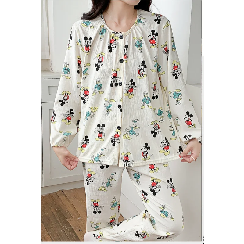 Disney Mickey autumn new pajamas women\'s cloud cotton crew neck cardigan Mickey cartoon sweet and comfortable girl loungewear