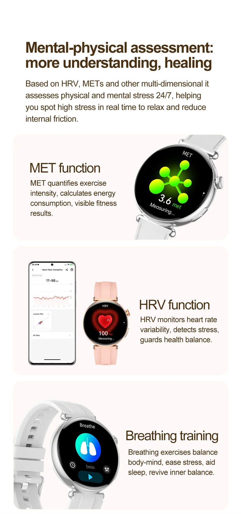 Damen-Smartwatch mit 1,32-Zoll-AMOLED-Bildschirm, Anruffunktion, EKG, Sportuhr, Blutdruckmessung, Mikro-Physikalische Untersuchung, KI-Zifferblatt, Damen-Smartwatch – Detail 17