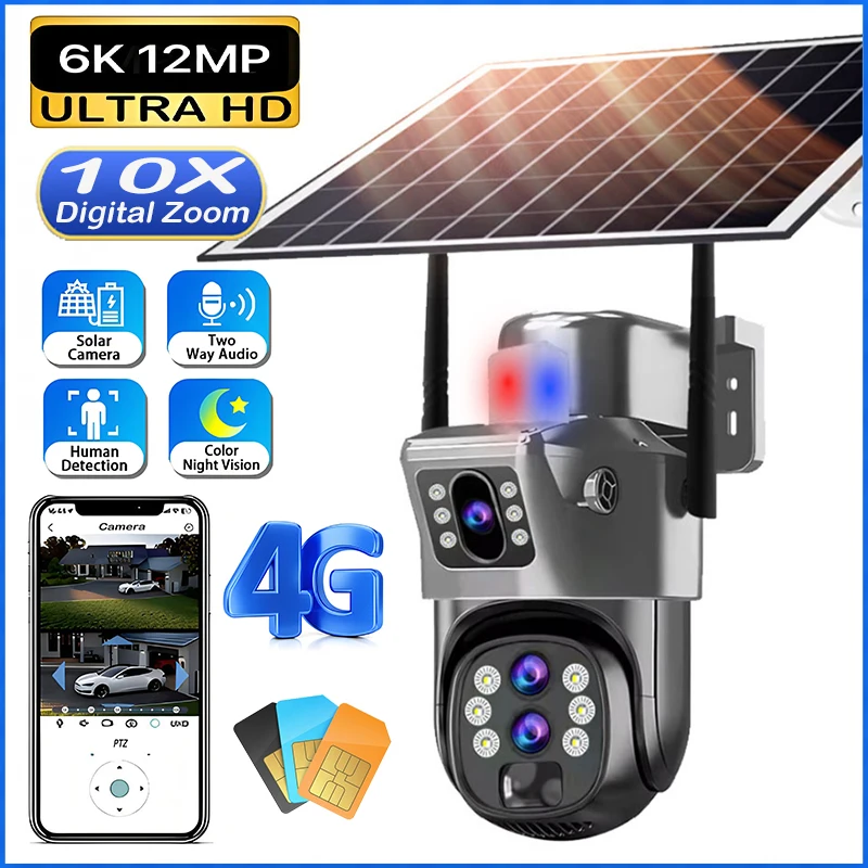 6K 4G Sim Solar Camera 10x Zoom IP CCTV 12MP Dual lens PTZ Surveillance PIR Human Detection Outdoor Security Protection Camera