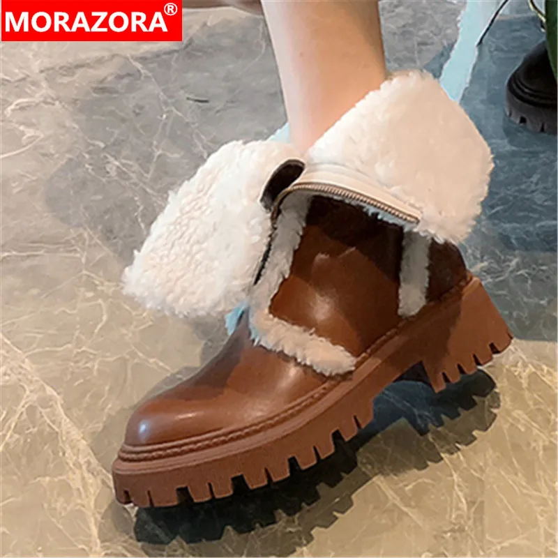 

MORAZORA 2024 New Ladies Platform Ankle Boots Fashion Thick Plush Snow Boots Woman Zipper Genuine Leather Winter Boots